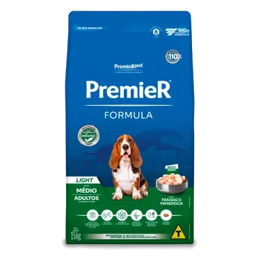 Racao Premier Formula Light Caes Adultos Racas Medias Frango 15kg frente